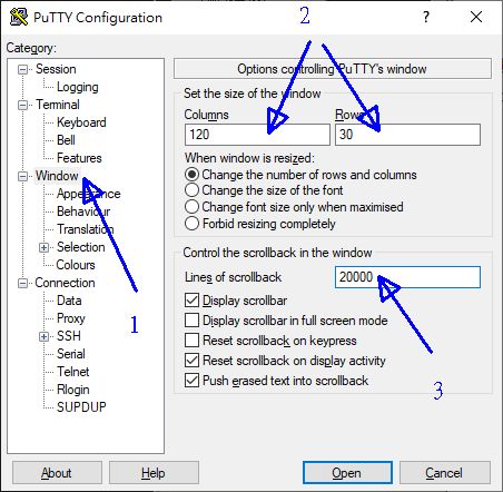 putty 的設定示意圖 putty 的設定示意圖