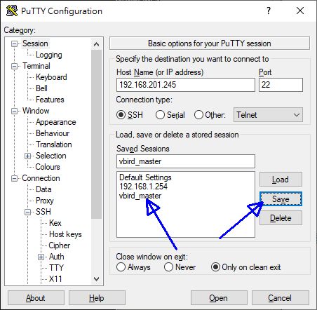 putty 的設定示意圖 putty 的設定示意圖