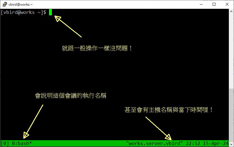圖 10.3.4-1、tmux 啟動的畫面 圖 10.3.4-1、tmux 啟動的畫面